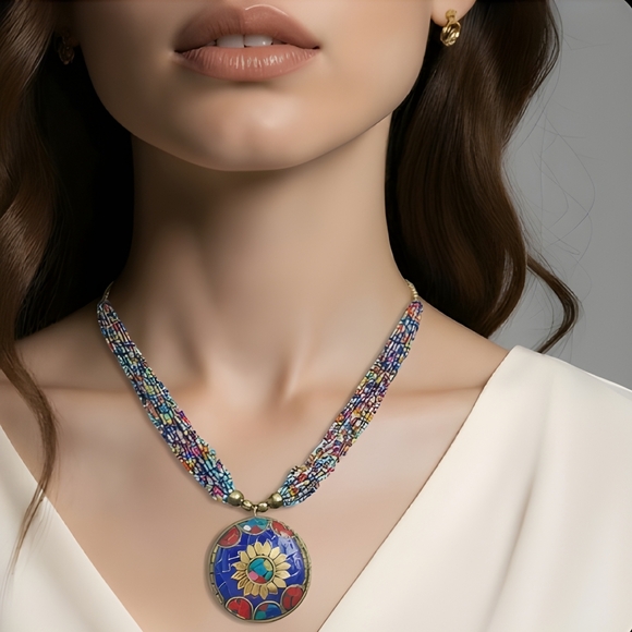 Jewelry - Medallion With Multiple Beaded Strands Statement Necklace NEW